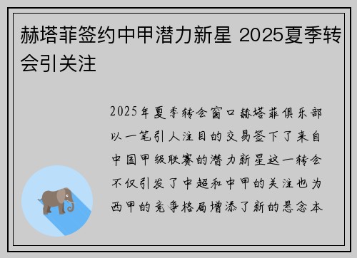 赫塔菲签约中甲潜力新星 2025夏季转会引关注
